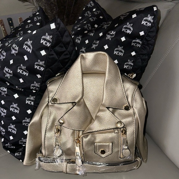 Vegan Gold Metallic Motorcycle Jacket Backpack - Picture 3 of 9